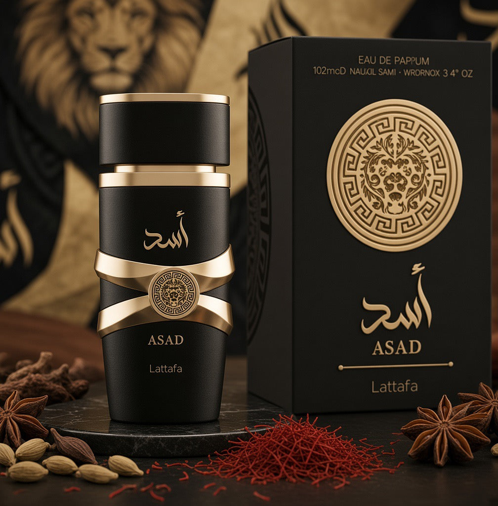 Lattafa Asad Black Eau De Parfum bottle with packaging box and spices