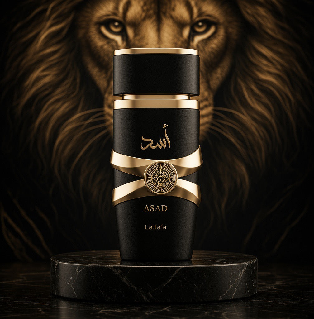 Lattafa Asad Black Eau De Parfum lifestyle shot with oud and saffron