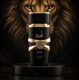 Lattafa Asad Black Eau De Parfum lifestyle shot with oud and saffron