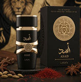 Lattafa Asad Black Eau De Parfum bottle with packaging box and spices