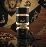 Lattafa Asad Black Eau De Parfum bottle against lion background